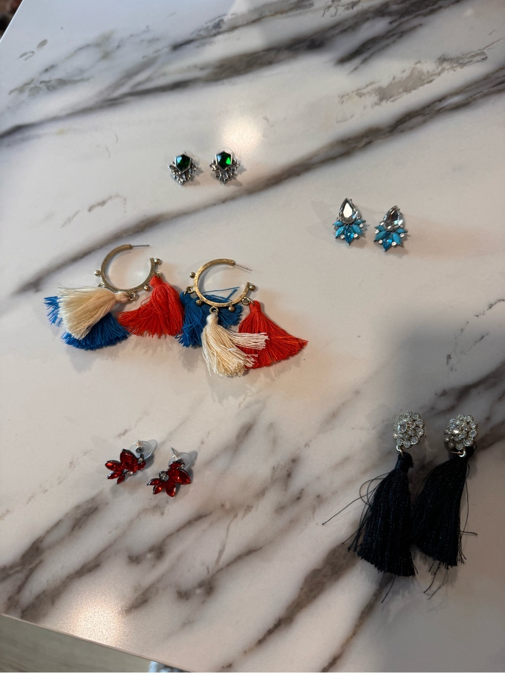 Multicolor Tassel Hoop Earrings - Blue, Red & Cream, lot of 5 pairs shown